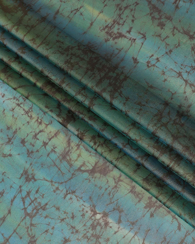 Aegean blue Premium pure silk chiffon with gold metallic lurex and brown prints in abstract design-D11394