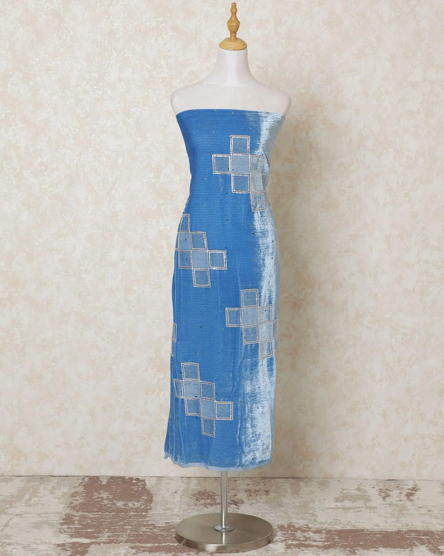 Sky blue silk blended velvet fabric silver sequins, metallic lurex having stone work in geometric design-D13941 Regal Fabrics