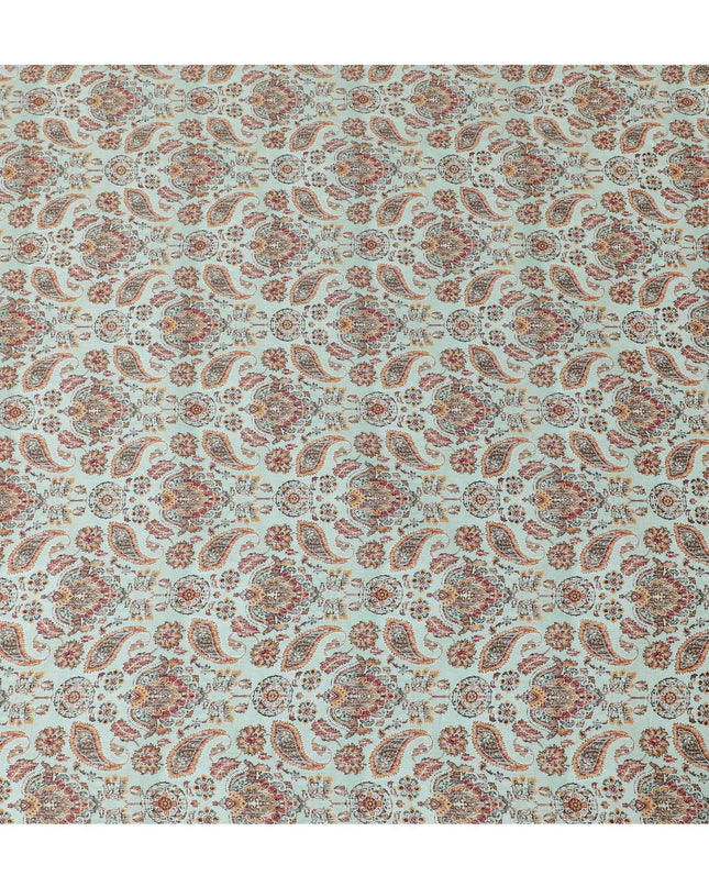 Tiffany blue synthetic satin fabric with multicolor print in paisley design-D14176 Regal Fabrics