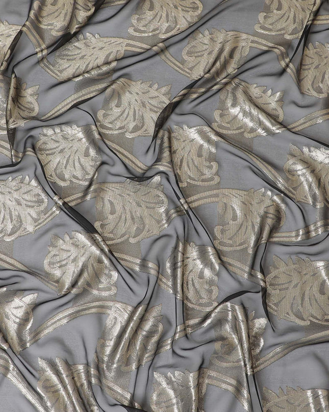Black Premium pure French (Fransawi) silk chiffon fabric with gold metallic lurex in floral design-D9669