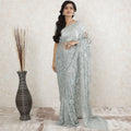 Powder blue Premium pure metallic French chantilly saree lace having stone work in floral design-D13505