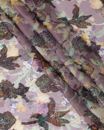 قماش شيفون حريري نقي فاخر باللون الأرجواني المنقط مع طباعة متعددة الألوان ولوريكس معدني متعدد الألوان بتصميم زهور-D9737