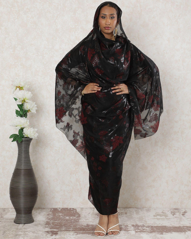 Black Premium pure French (Fransawi) silk chiffon thobe with maroon viscose and black metallic lurex in floral design-D14374