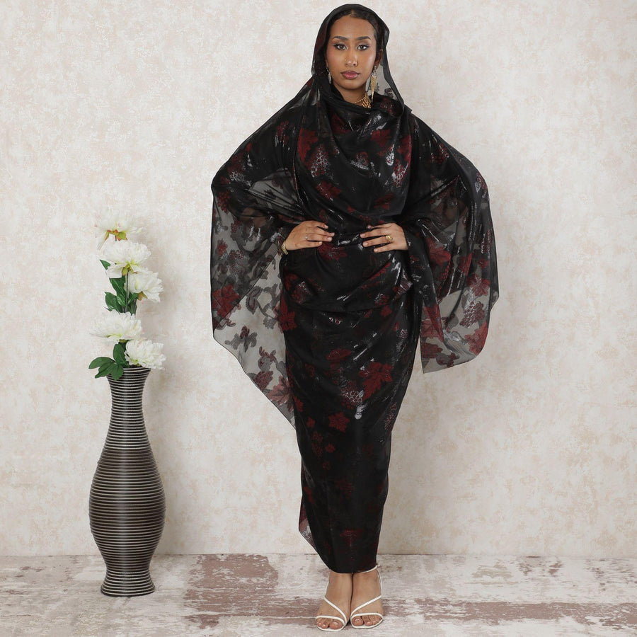 Black Premium pure French (Fransawi) silk chiffon thobe with maroon viscose and black metallic lurex in floral design-D14374