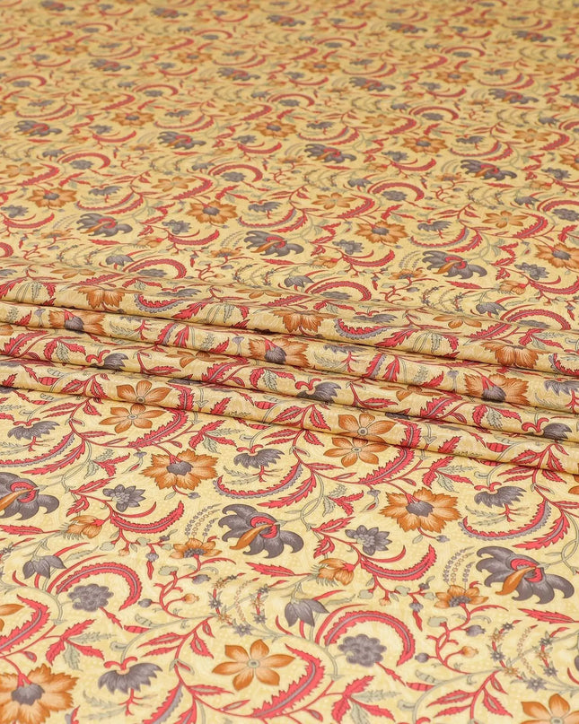 Flax yellow pure silk crepe fabric with multicolor print in floral design-D8114 Regal Fabrics