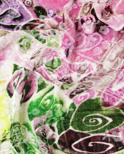 White Premium Italian silk chiffon dirac (makmal) fabric with multicolor print having velvet jacquard in floral design-D8698 Regal Fabrics