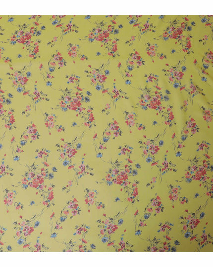 Sun flower yellow premium pure silk chiffon fabric with multicolor print in floral design-D13225