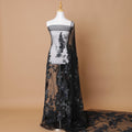 Black Premium wedding nylon tulle fabric with same tone, blue and stone grey embroidery having black pearls and beads in floral design-D7921