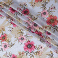 Light sky blue premium pure silk chiffon fabric with olive green and pink print having gold metallic lurex in floral design-D10581 Regal Fabrics
