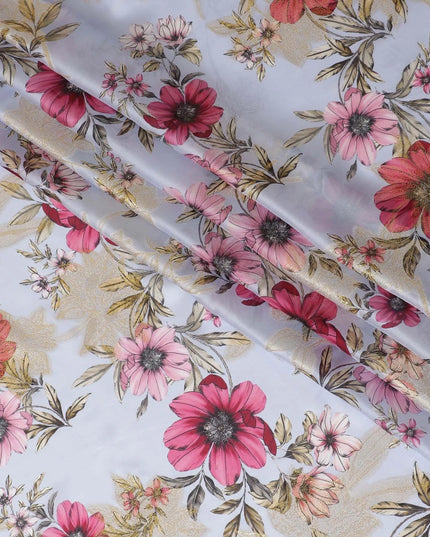 Light sky blue premium pure silk chiffon fabric with olive green and pink print having gold metallic lurex in floral design-D10581 Regal Fabrics
