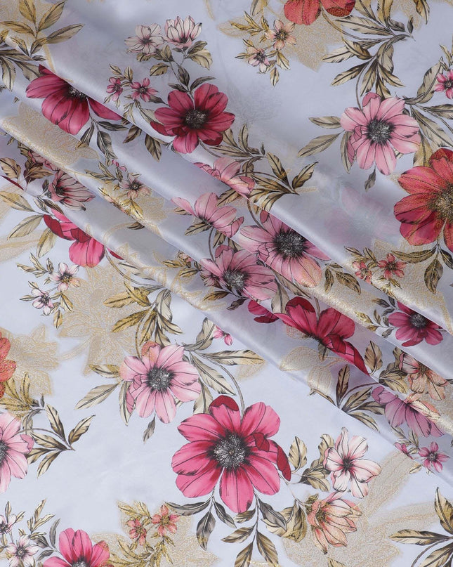 Light sky blue premium pure silk chiffon fabric with olive green and pink print having gold metallic lurex in floral design-D10581