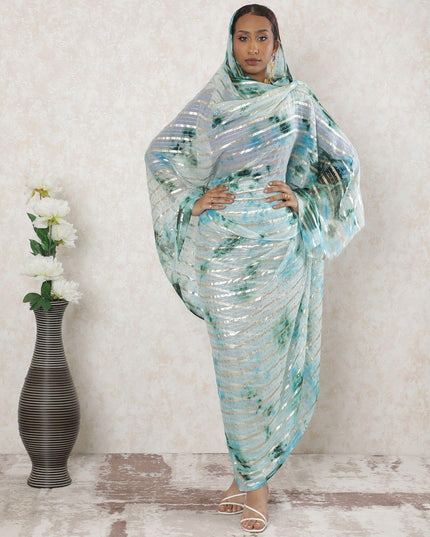 Multicolor Premium synthetic chiffon thobe with gold metallic foil print in stripe design-D14389 Regal Fabrics