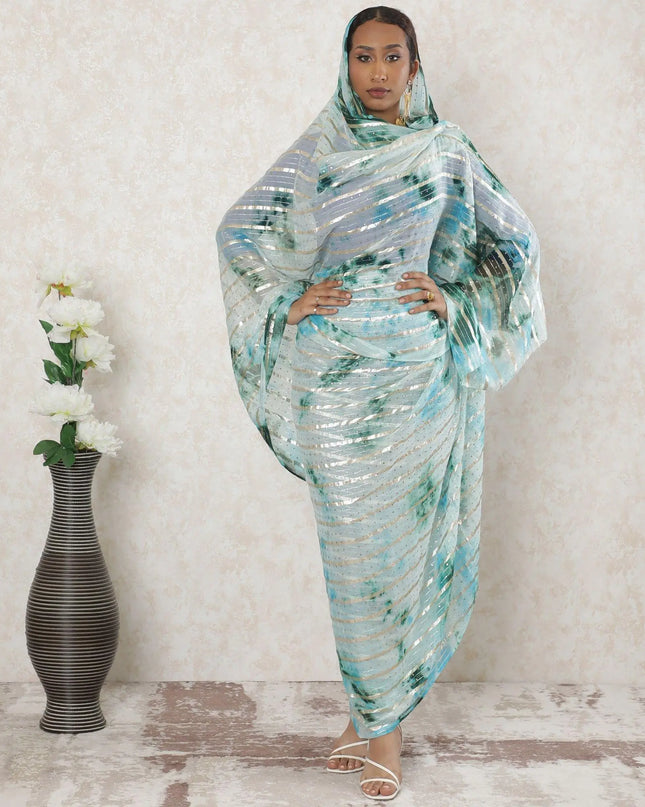Multicolor Premium synthetic chiffon thobe with gold metallic foil print in stripe design-D14389 Regal Fabrics