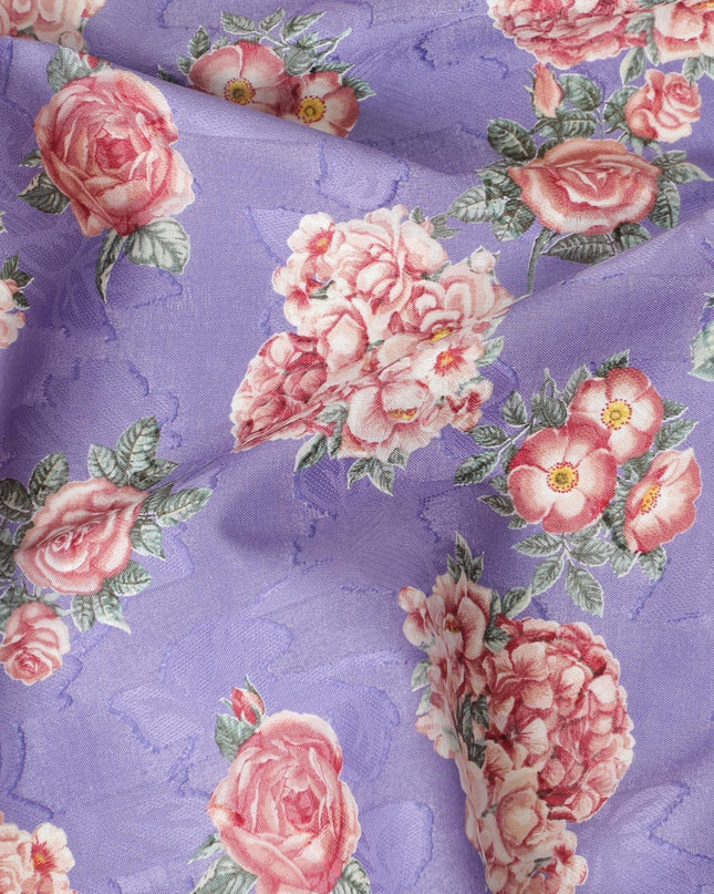 Purple uragiri cotton voile fabric with same tone jacquard having multicolor print in floral design-D10053