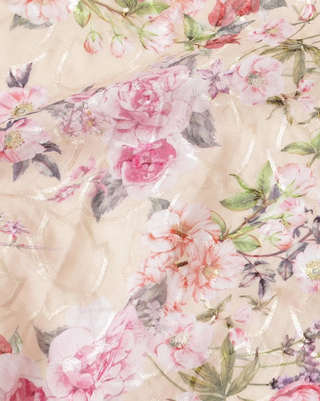 Moccasin yellow cotton lawn fabric with same tone embroidery having hot pink, off white, purple and olive green print in floral design-D7020 Regal Fabrics
