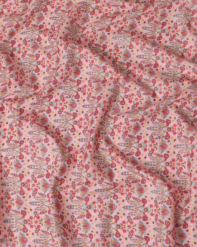Light pink blended cotton silk fabric with multicolor embroidery in floral design-D15469