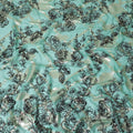 قماش شيفون حريري نقي فاخر باللون الأزرق المخضر الفاتح مع قطيع أسود به بريق ولوريكس معدني ذهبي بتصميم زهور-D13723