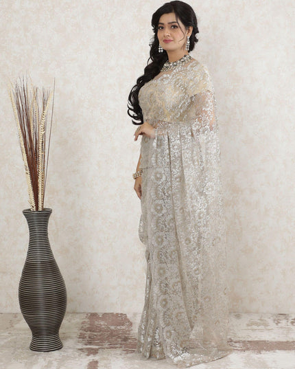 Light beige, gold Premium pure metallic French chantilly saree lace in floral design-D13511