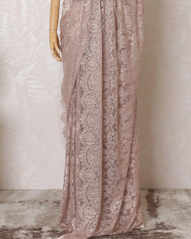 Pale brown Premium pure metallic French chantilly lace saree having stone work in floral design-D14892 Regal Fabrics