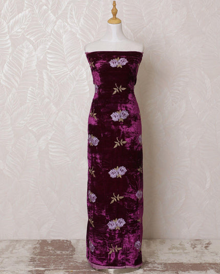 Fuchsia pink silk blended velvet fabric with lavender and gold embroidery having stone work in floral design-D15096