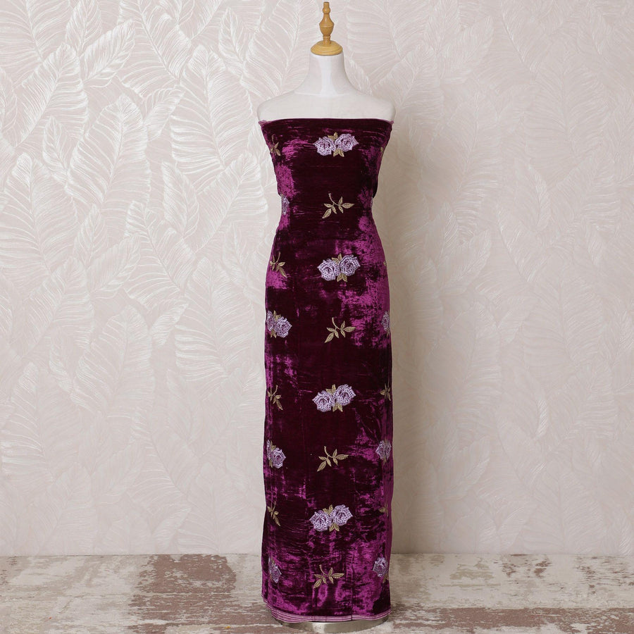 Fuchsia pink silk blended velvet fabric with lavender and gold embroidery having stone work in floral design-D15096