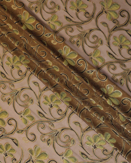 Olive Premium pure changent silk chiffon fabric with copper brown, sage green viscose and gold metallic lurex in floral design-D14642