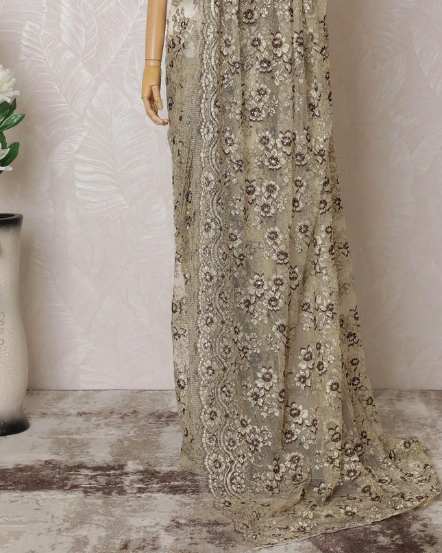 Gold, brown Premium pure French metallic chantilly lace saree having stone work in floral design-D14559 Regal Fabrics