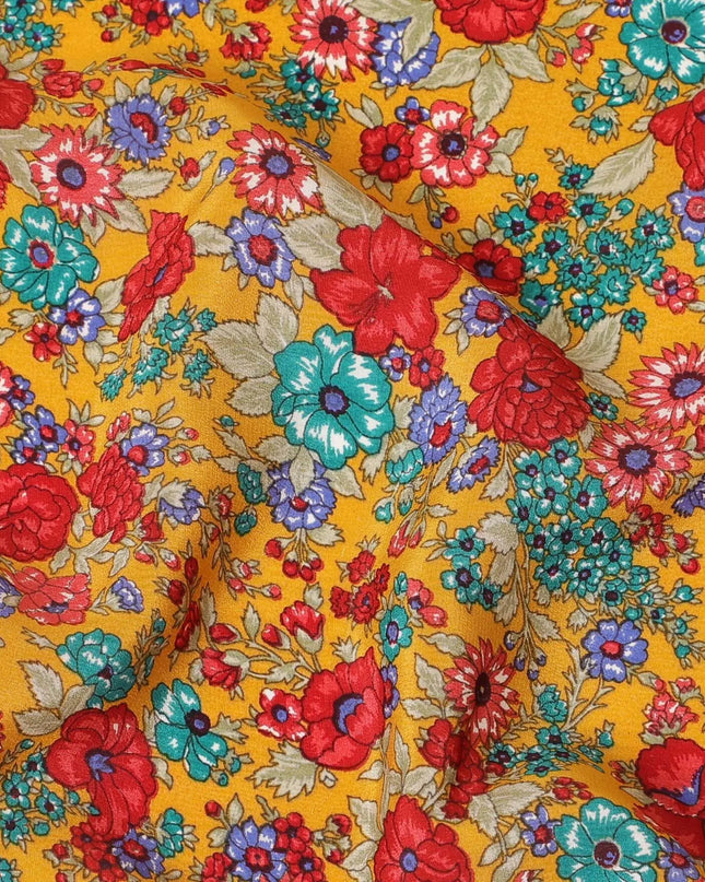 Mustard yellow silk crepe fabric with multicolor print in floral design-D8402 Regal Fabrics