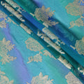 قماش شيفون من الحرير الخالص باللون الأزرق المحيطي مع طباعة يدوية متعددة الألوان مع لوريكس معدني ذهبي بتصميم فاخر-D10415