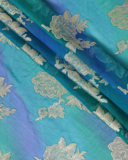 قماش شيفون من الحرير الخالص باللون الأزرق المحيطي مع طباعة يدوية متعددة الألوان مع لوريكس معدني ذهبي بتصميم فاخر-D10415