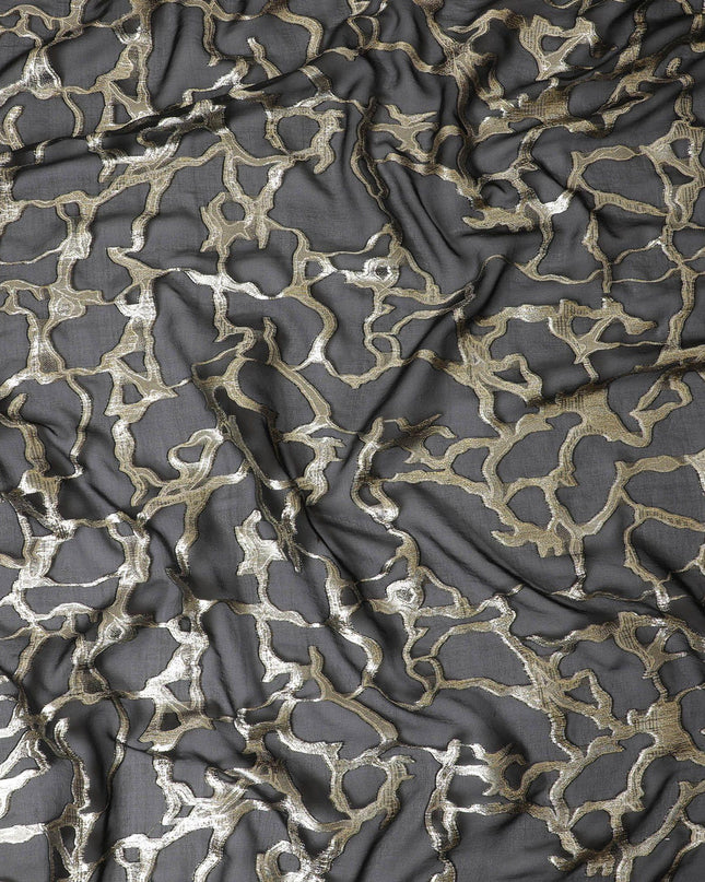 Black Premium pure silk chiffon fabric with gold metallic lurex in abstract design-D13190