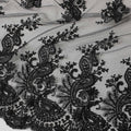 Black nylon tulle fabric with same tone embroidery in fancy design-D6041