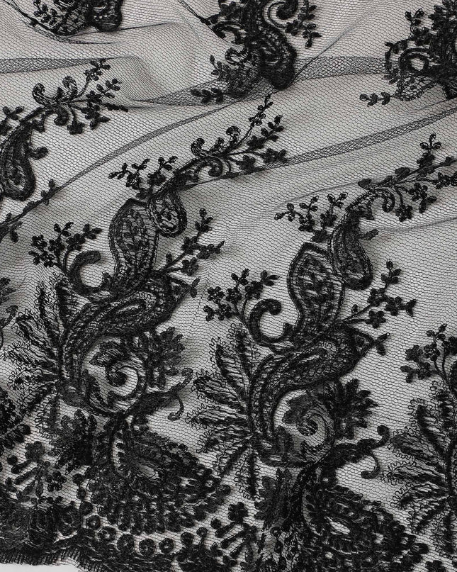 Black nylon tulle fabric with same tone embroidery in fancy design-D6041