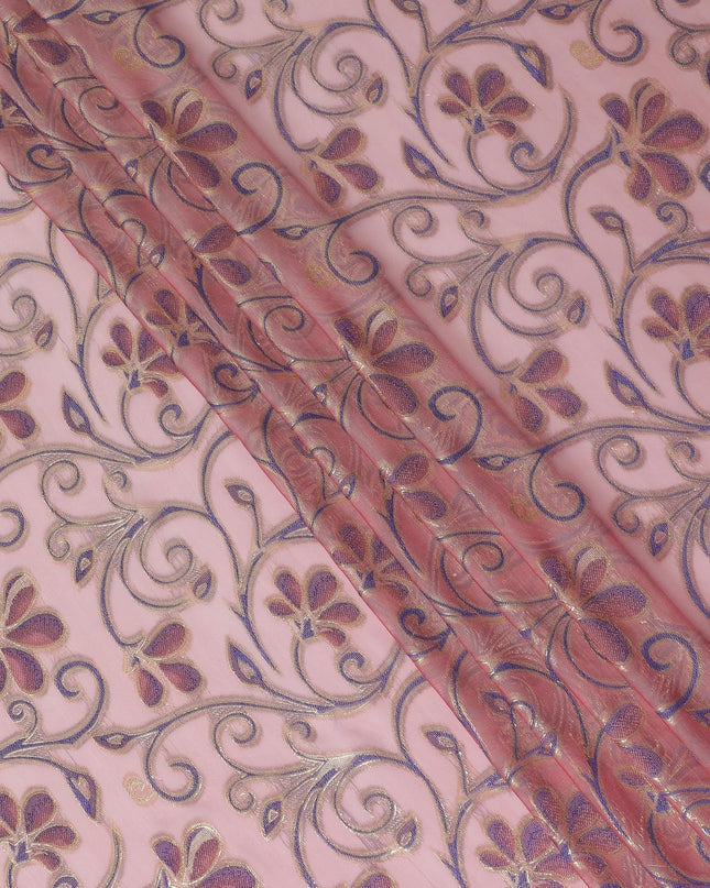 Hot pink Premium pure changent silk chiffon fabric with same tone, blue viscose having gold metallic lurex in floral design-D14643