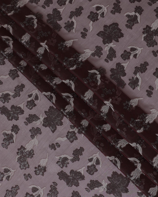 قماش شيفون حريري فرنسي (فرنساوي) فاخر باللون العنابي مع فيسكوز رمادي ولوريكس معدني أسود بتصميم زهور-D14273