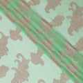 Pastel green Premium pure French (Fransawi) silk chiffon fabric with baby pink viscose and gold metallic lurex in paisley design-D12714