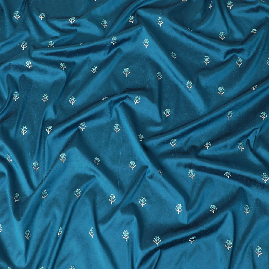 قماش حرير خام أزرق ييل مع تطريز أزرق وكريمي بتصميم زهور-11222