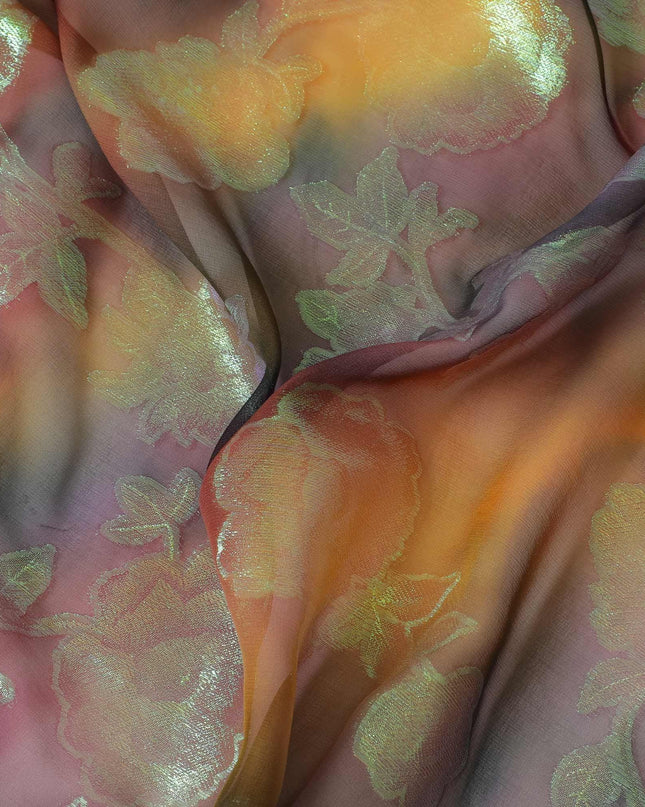 قماش شيفون حريري نقي فاخر متعدد الألوان مع لوريكس معدني أخضر نيون بتصميم زهور-D9283
