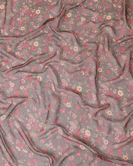 قماش شيفون حريري بني سرج مع طباعة باللون الأخضر الغامق والوردي الياقوتي والخوخ بتصميم الأزهار-D8358