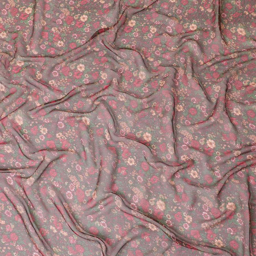قماش شيفون حريري بني سرج مع طباعة باللون الأخضر الغامق والوردي الياقوتي والخوخ بتصميم الأزهار-D8358