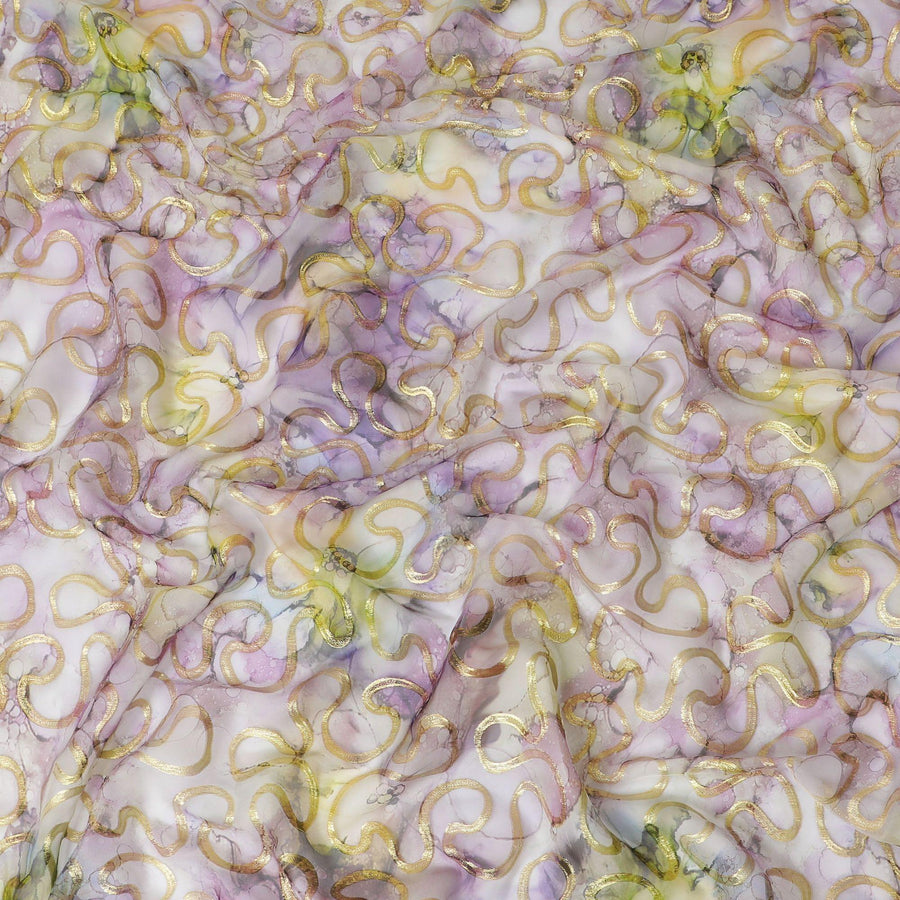 قماش شيفون من الحرير الخالص متعدد الألوان مع لوريكس معدني ذهبي بتصميم تجريدي-D13712