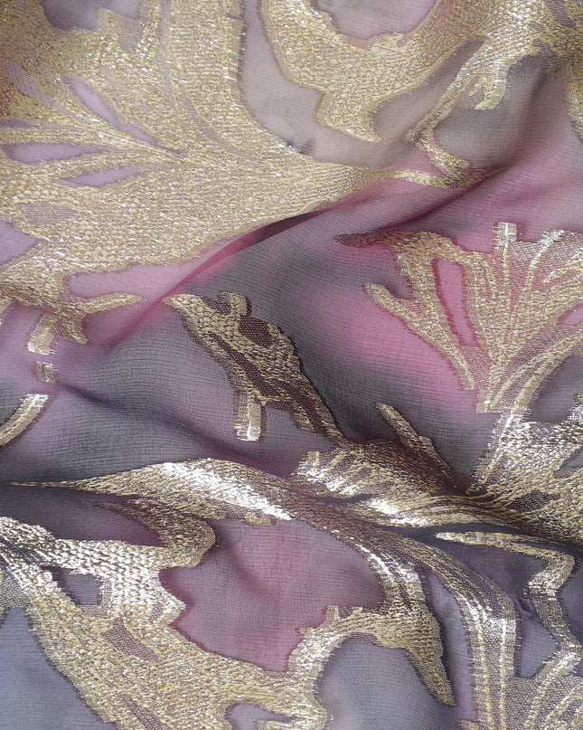 شيفون من الحرير الخالص متعدد الألوان مع لوريكس معدني ذهبي بتصميم أوراق الشجر -D11387