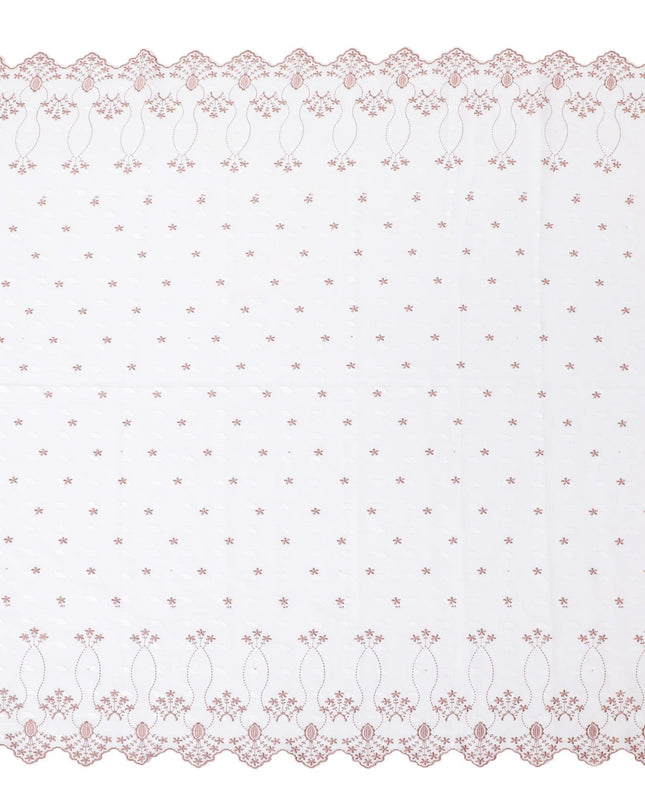 ثوب فوال من القطن السويسري الفاخر باللون الأبيض بنفس اللون والتطريز البني الفاتح بتصميم الأزهار مع أعمال الحجر-D11625