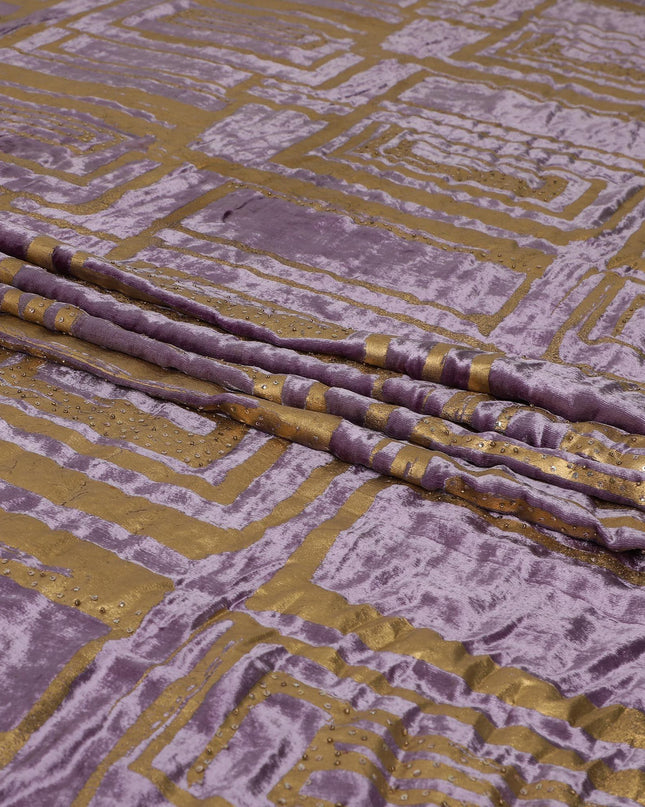 Mauve purple Rayon velvet fabric with metallic gold paint and silver sequins in geometric design