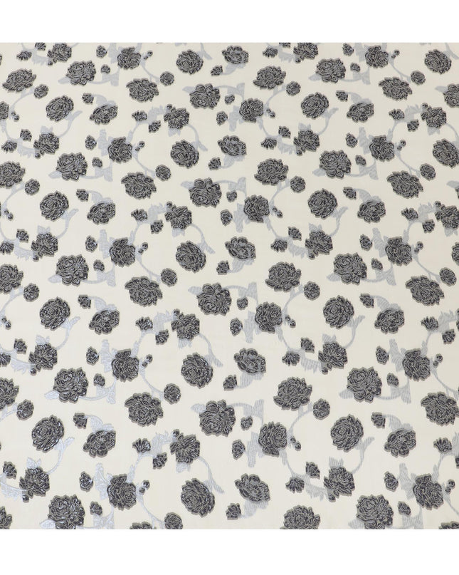 Light gold Premium pure French (Fransawi) silk chiffon fabric with black viscose having baby blue metallic lurex in floral design-D15629