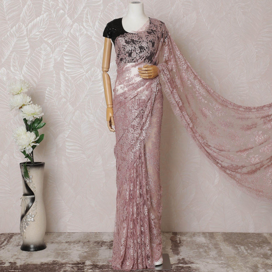 Rose pink, silver Premium pure French metallic chantilly saree lace having stone work in floral design-D14590