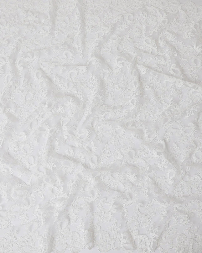 White nylon tulle fabric with same tone embroidery in paisley design-D11695 Regal Fabrics