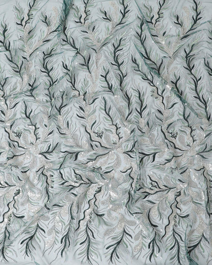 Bottle green nylon tulle fabric with same tone embroidery, bead work and sequins in fancy design-D15395