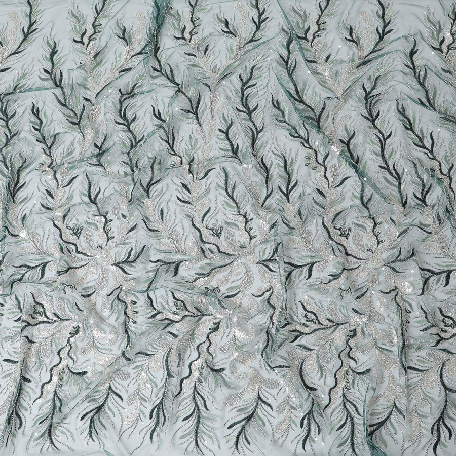 Bottle green nylon tulle fabric with same tone embroidery, bead work and sequins in fancy design-D15395