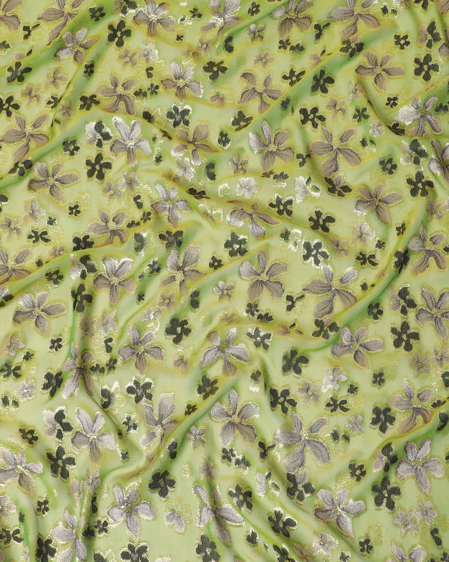 Lime green Premium pure changent silk chiffon fabric with pale brown, black viscose having gold metallic lurex in floral design-D14646